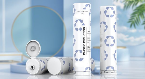 100% recyclable mono-material squeeze tubes made from PE, featuring eco-friendly designs with green recycling symbols for sustainable packaging.